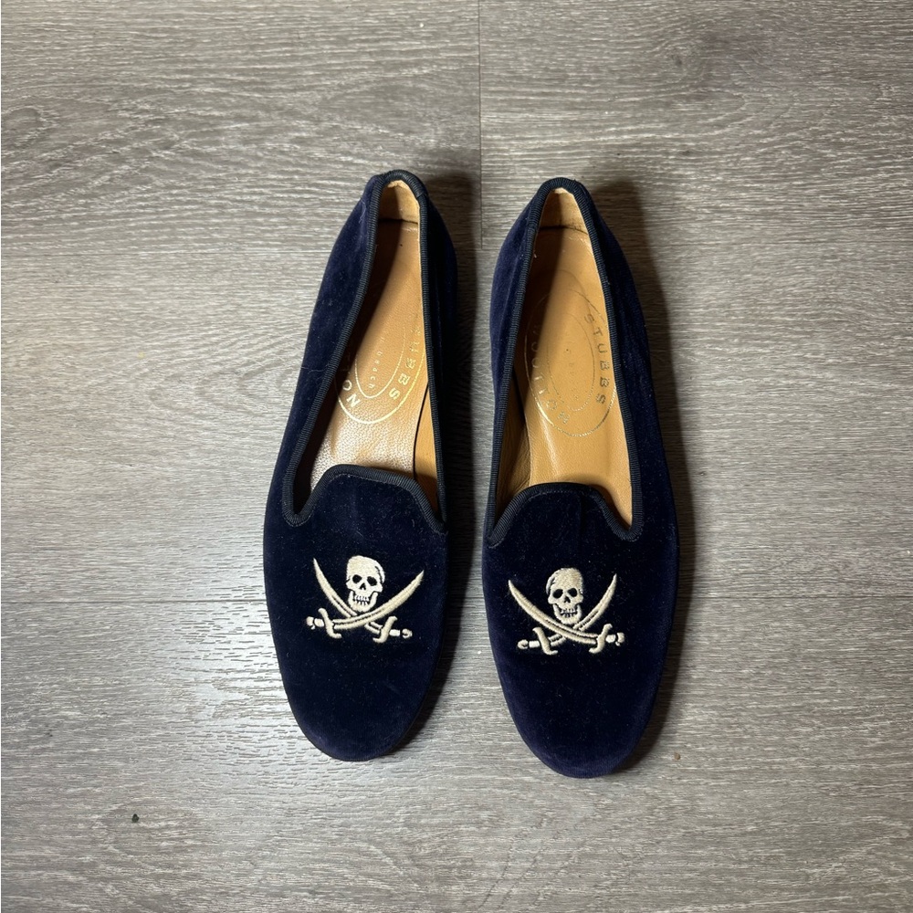Stubbs & Wootton Navy Velvet Skull Embroidered Loafers